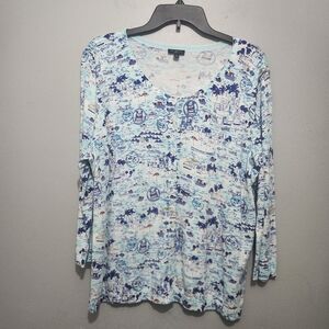 Talbots Light Blue Scenic Novelty Prints Sweater Top Button Front Size 2X